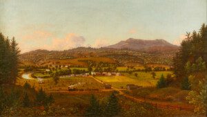 Landscape painting of a steam train cutting across mountains in Williston, VT