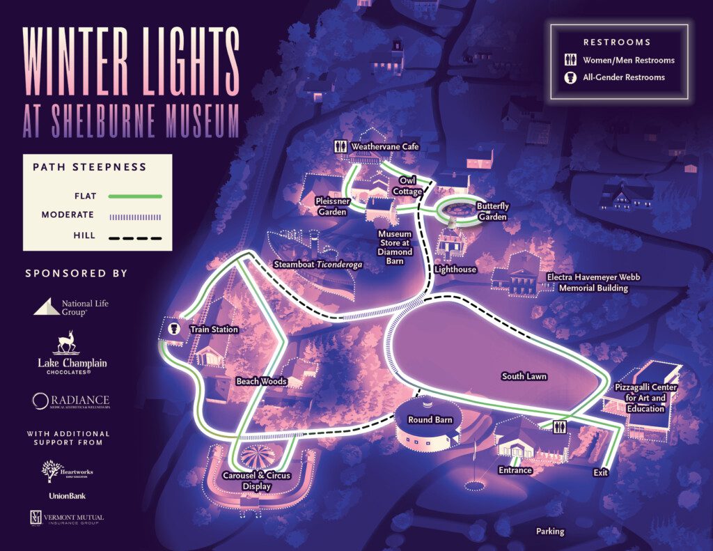 Digital map of the Shelburne Museum campus with areas delineated for Winter Lights installations. 